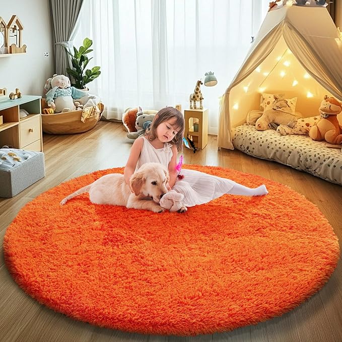Orange Fluffy Round Rug,Soft Area Rugs for Girls Room,Shaggy Rugs 6'X6' for Living Room,Non Slip Circle Rug for Kids Bedroom,Shag Plush Nursery Carpets,Fuzzy Plush Rug for Dorm,Cute Room Decor Carpet