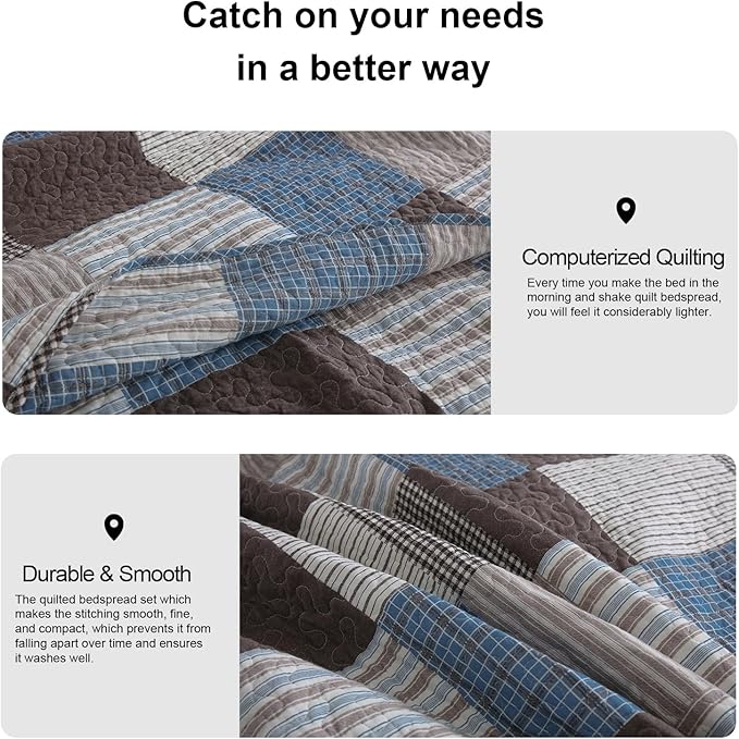 PANGUSHAN 100% Cotton Quilt Set King Size, Patchwork Plaid King Quilt Bedding Set Bedspreads, Farmhouse Lightweight Comforter Reversible Quilt, Blue/Brown Bed Spread for King Bed, 3 Pieces