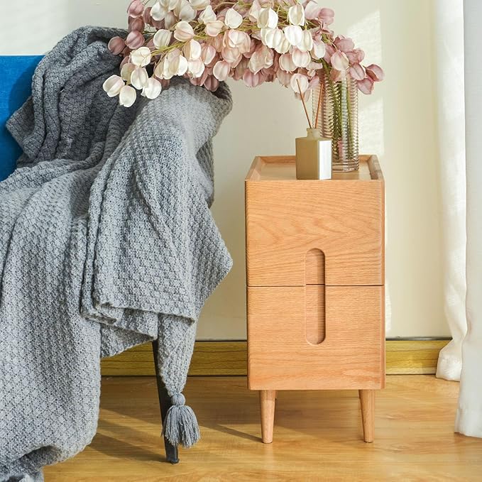 Mid Century Modern Nightstand, Narrow Nightstand, Minimalist Side Table for Bedroom, 2-Drawer Bedside Tables, (Natural, 9.84inches)