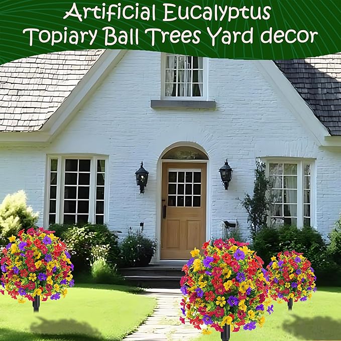 22.8" Set of 2 Fall Artificial Boxwood Topiary Ball with Spikes,UV Resistant Fake Outdoor shrubs with Violet Flowers, Realistic Faux Plants Bushes for Garden Front Porch Yard Patio Decor(Mixcolors)