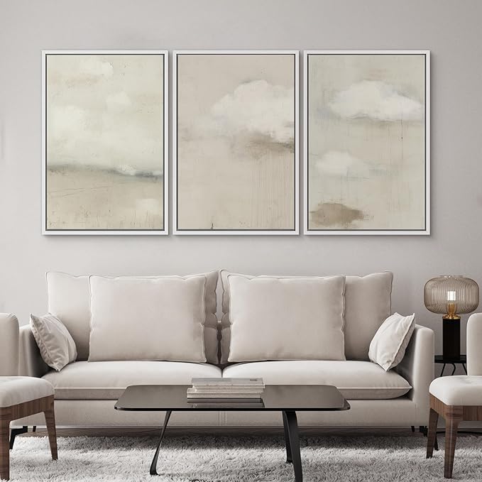 SIGNWIN Framed Canvas Print Wall Art Soft Neutral Cloudscape Minimalist Sky Photography Modern Art Minimalist Black and White for Living Room, Bedroom, Office - 16"x24"x3 White