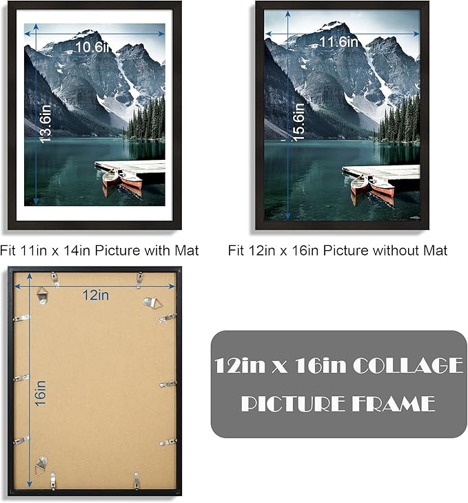 12x16 Picture Frame Set of 3 - Display 11x14 Photo with Mat or 12 x 16 Poster without Mat, Wall Mounting Horizontal and Vertical, Black