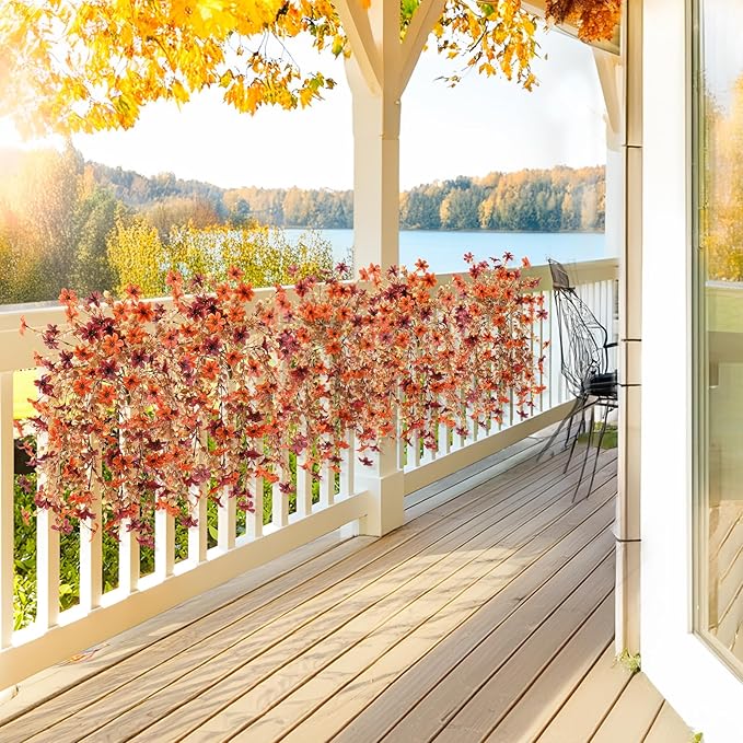 Artificial Faux Mums Fall Flowers for Outdoor Autumn Decoration,2 PCS Fake Silk Daisy Flowers Plant Eucalyptus Leaves Realistic UV Resistant for Front Porch Patio Balcony Yard Home Decor(Orange Brown)