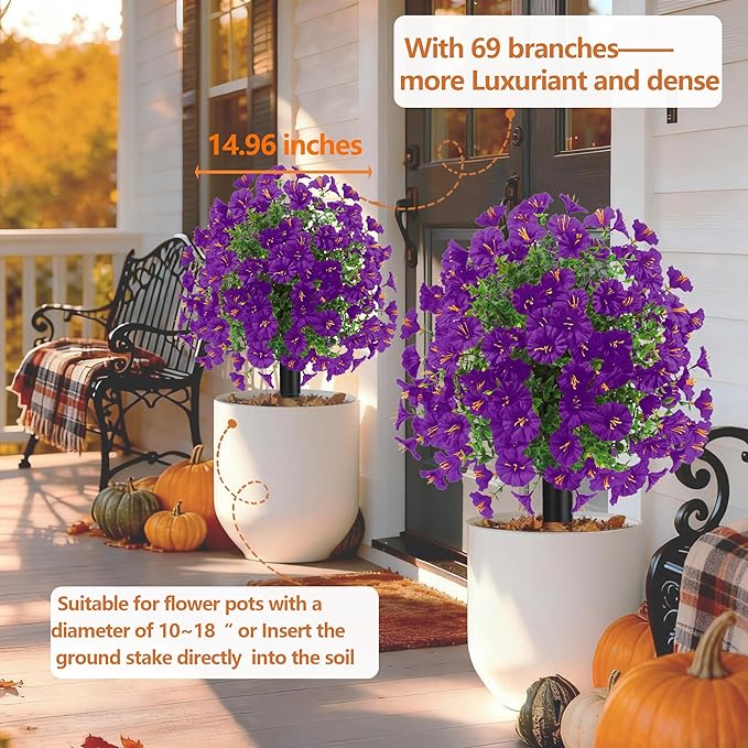 22.8" Set of 2 Fall artificial Boxwood topiary Ball tree for outdoors with Spike,UV Resistant Faux Shrubs Outdoor with morning glory flowers,Faux Plants Bushes for Garden Porch Yard Patio Decor Purple