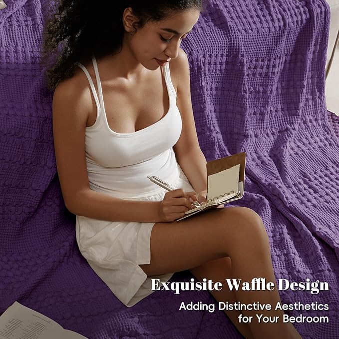 PHF 100% Cotton Waffle Weave Blanket King Size, Soft Lightweight Breathable Cozy Summer Blankets for Bed, Luxury Aesthetic Woven Bedding for Home Decor, 108"x90", Grape Purple