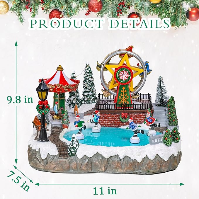 Bdor Christmas Village Lighted Decoration with Carousel, Ferris Wheel, Skaters | 11.4 x 10.4 x 7.7 Inches Animated Holiday Scene with Music & LED Lights for Indoor Home Décor