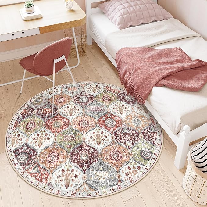 Lahome Moroccan Trellis Round Area Rugs, Washable Small Round Rug 3ft Non-Slip, Soft Vintage Ultra-Thin Circle Carpet for Bedroom Entryway Kitchen Laundry Bathroom, Orange/Terracotta