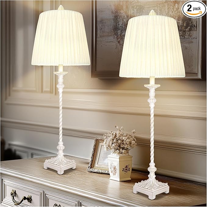 Vintage Table Lamp Set of 2, 33'' Tall Skinny Candle Stick Buffet Lamps with Pleated Shades, 3-Way Dimmable Bulb Included, Traditional Nightstand Bedside Lamps for Living Room Bedroom Dinning Entryway