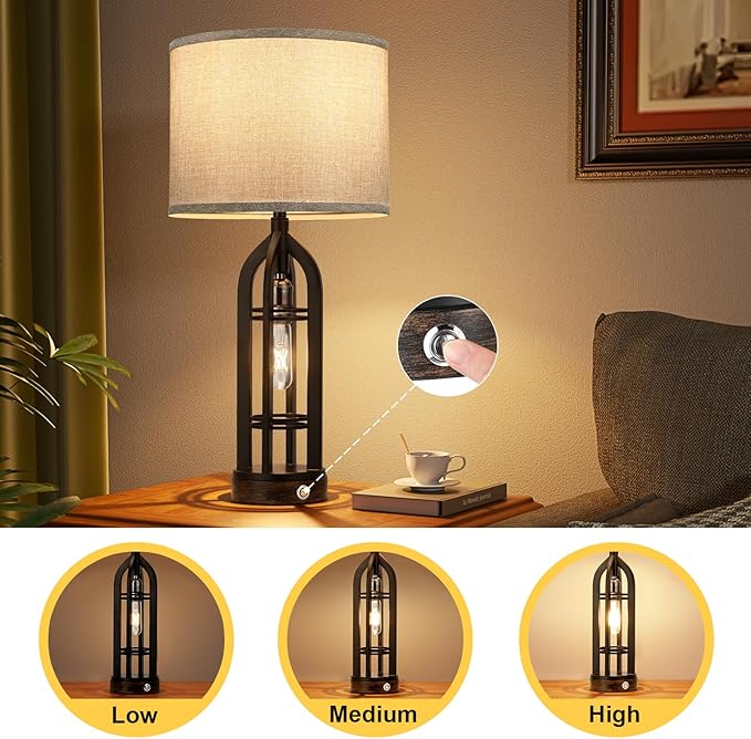 Seealle Table Lamp for Living Room Set of 2 - Bedside Lamp for Bedroom with USB C+A & Outlet, Farmhouse Lamps for Night Stands, 3-Way Dimmable Touch Lamps for Living Room with Grey Shade