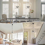 4 Light Rustic Chandelier, Farmhouse Lantern Fixture with Brushed White Oak Cage and Adjustable Chain, E12 Base Geometric Hanging Light Fixture Ceiling lighting for Entryway Kitchen Island, Indoor Use