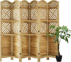Room Divider with Shelves, 68.9inch Wood Carved and Louvered Wall Divider Freestanding, 6 Panels Folding Partition Screen for Bedroom Home Office (Natural)