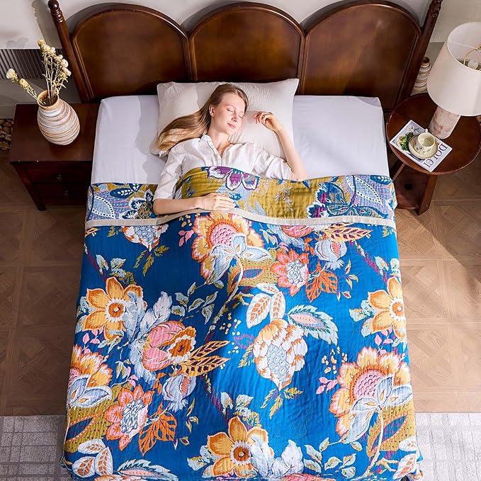 Boho Throw Blanket, Blue Lightweight Blankets for Summer, 100% Cotton Bohemian Decorative Throw Blanket, 60"x80" Reversible Muslin Breathable Woven Farmhouse Blankets Quilt,