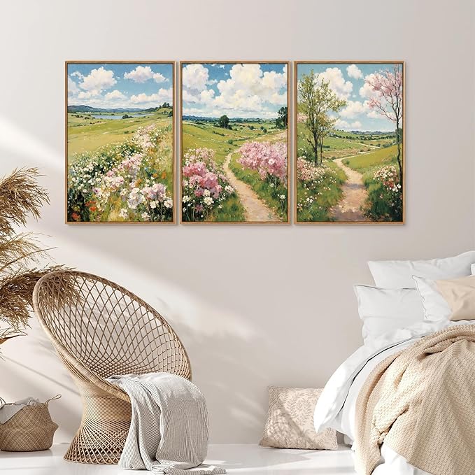 Tinonedraw Rustic Landscape Framed Canvas Wall Art Triptych, Blue and White Wall Decor, Vintage Botanical Floral Artwork, Modern Country Nature Farmhouse Art Prints for Living Room Bedroom 16"x24"x3