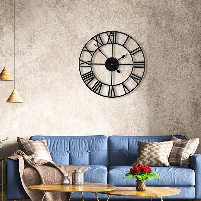 20inch/50cm Large Wall Clocks for Living Room Decor,Modern,Battery Operated,Silent,Non Ticking,Big Black Round Wall Clock for Home,Farmhouse,Office,Decoration(Iron Roman Numerals, 20 inches)