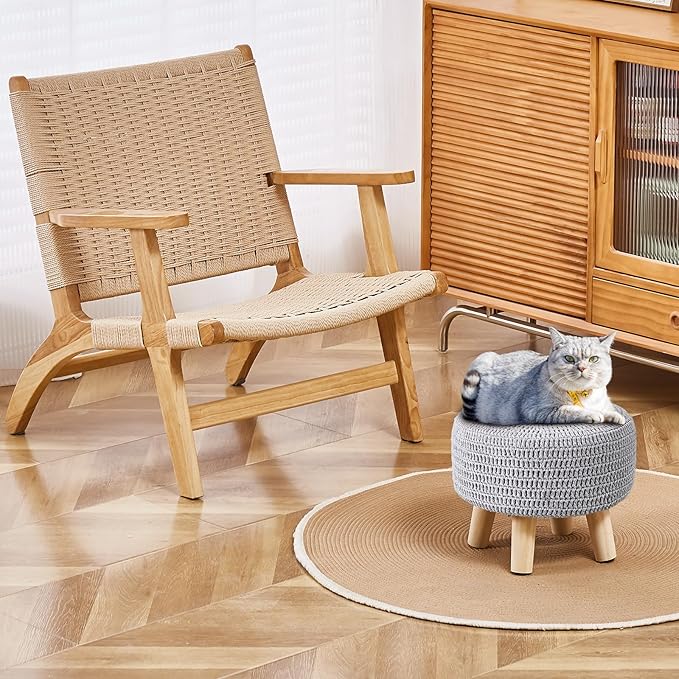 Wimarsbon Small Ottomans, 100% Hand Knitted Pouf Ottoman, Round Footrest with 4 Non-Skid Wood Legs, Boho Décor Cotton Rope Pouffe Beside Sofa, Leisure Floor Step Chair for Living Room (Grey)