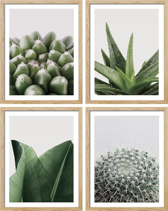 SIGNWIN Framed Tropical Island Wall Art, Set of 4 Green Desert Plant Cactus Snake Plant Wall Decor Prints, Nature Wilderness Wall Décor for Living Room, Bedroom - 8"x10" Natural