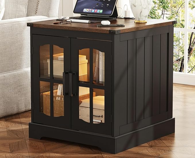 ChooChoo Rustic End Table, 24" Large Sofa Side Table with Charging Station & LED Light, Black Nightstand with Adjustable Storage Shelf, Square Bedside Table for Living Room, Bedroom, Office