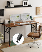 Frylr Small Folding Computer Desk – 55.1 Inch Portable Table for Craft and Study, Lightweight Desk for Small Spaces, Foldable Laptop Table Built-in AC/USB Outlets for Convenience, Dark Walnut