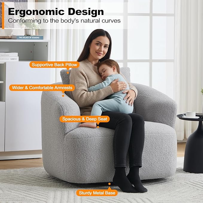 Luxlen Swivel Accent Chair with Pillow for Living Room, Teddy Fleece Upholstered Single Sofa, 360° Rotating Barrel Chair with Metal Base for Bedroom, Office, Apartment - Light Gray