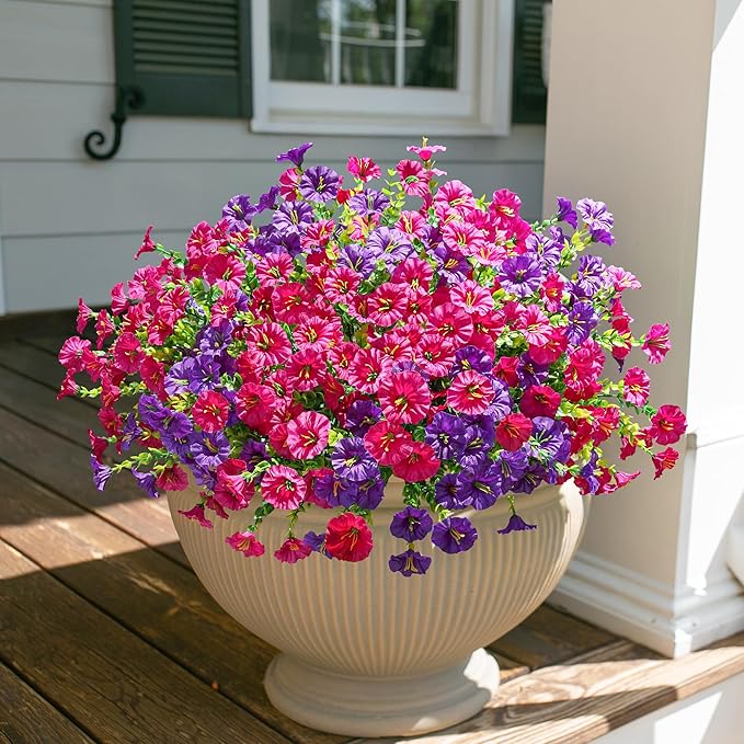 HyeFlora Artificial Flowers for Outdoors Fake Plants Outside Decoration, 12 Bundles Silk Colorful Morning Glory with Eucalyptus UV Resistant Realistic Faux Flowers for Planter Porch Patio Yard Garden