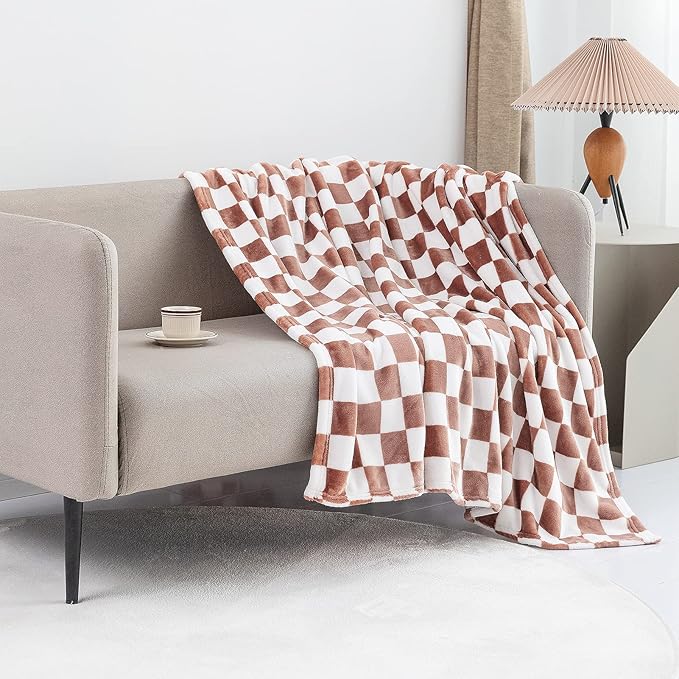 LOMAO Throw Blankets Flannel Blanket with Checkerboard Grid Pattern Soft Throw Blanket for Couch, Bed, Sofa Luxurious Warm and Cozy for All Seasons (Maple Brown, 60"x80")