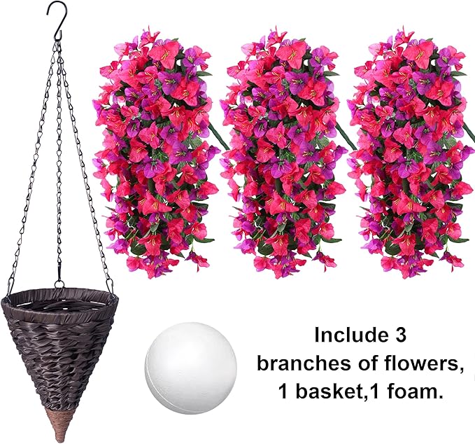 Artificial Bougainvillea Faux Flowers Plants Baskets for Outdoor Outside Decoration, 3PCS Fake Silk Flowers Long Trailing Vines UV Resistant Realistic for Front Door Porch Patio Balcony, PurpleHotpink