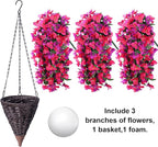Artificial Bougainvillea Faux Flowers Plants Baskets for Outdoor Outside Decoration, 3PCS Fake Silk Flowers Long Trailing Vines UV Resistant Realistic for Front Door Porch Patio Balcony, PurpleHotpink