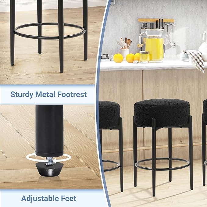 Counter Height Bar Stools, Set of 4, 24" Modern Backless Bar Stools, Ideal for Kitchen Counter, Kitchen Island, Boucle Sherpa Padded Cover, with Round Soft Seat and Foot Rest, Black