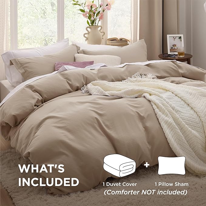 Bedsure Deep Beige Duvet Cover Twin/Twin XL Size - 2 Pieces Prewashed Cotton-Like Extra Soft Bedding Set, Includes 1 Twin Duvet Cover 68x90 Inches with Zipper Closure & 1 Pillow Sham, No Comforter