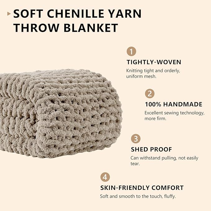 L'AGRATY Chunky Knit Blanket Throw: 50''x60'' Chenille Chunky Knitted Throw Blanket for Bed Couch - Handmade Thick Big Cable Knit Blanket - Large Crochet Rope Blanket for Home Decor(Light Linen)