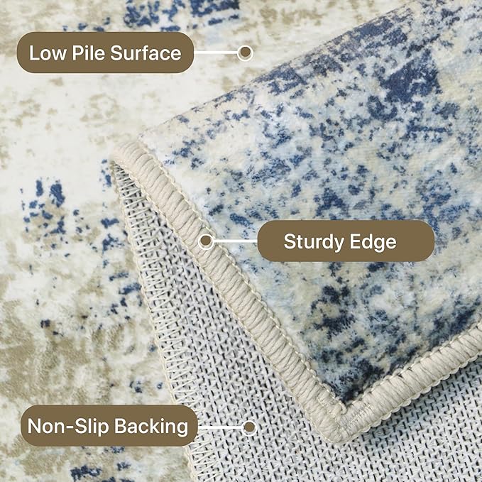 Area Rugs 8x10 Machine Washable Rug for Bedroom Living Room, Large Modern Abstract for Dining Room, Indoor Low Pile Carpet Soft Rugs with Non Slip Rubber Backing, Abstract Blue Gray