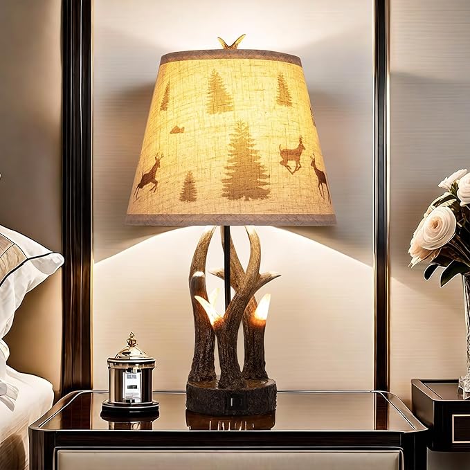 Rustic Antler Table Lamp Set of 2 – Touch-Control 3‑Level Dimming, Dual Light Source with Glowing Antler Night Light, USB‑C & USB‑A Charging Station, Bedroom & Living Room DécorLiving Room