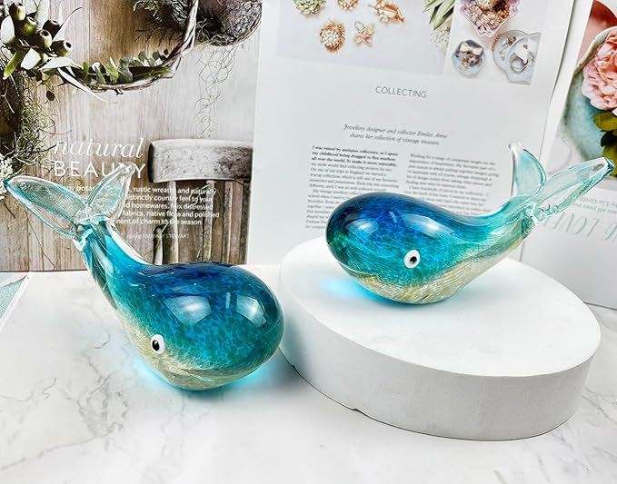 Crystal Whale Figurine Hand Blown Glass Whale Statue Collectibles Art Glass Sea Animal Paperweight Home Table Decor Gift Colorful 5.1''