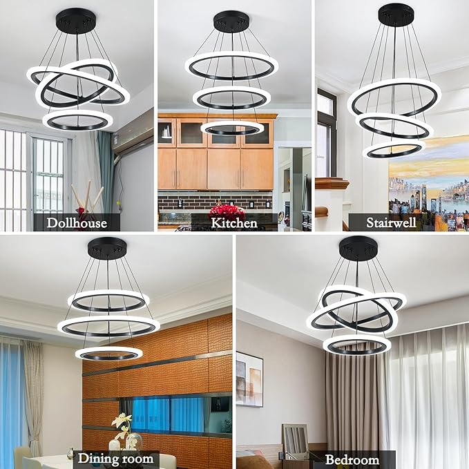 O'NEELDY Modern 3 Ring LED 52W Black Pendant Light with Irregular Ring Lights Adjustable Hanging Lamp for Dining Room Bedroom Kitchen Island Cafe