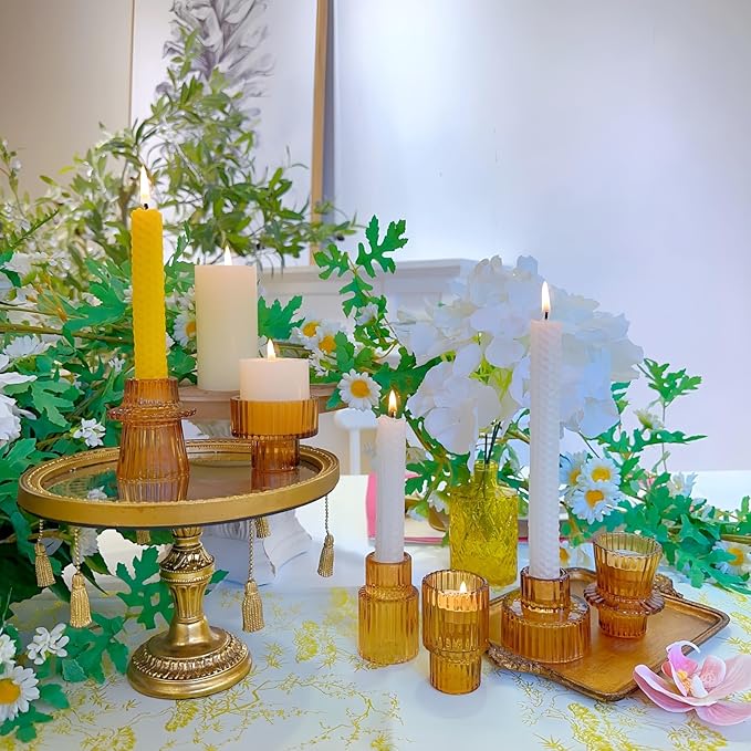 Double Sided Vintage Ribbed Taper Glass Candle Holders,Tea Candle Holder for Table Centerpieces, Wedding Decorations and Dinner Parties (Amber, 6 PCS)