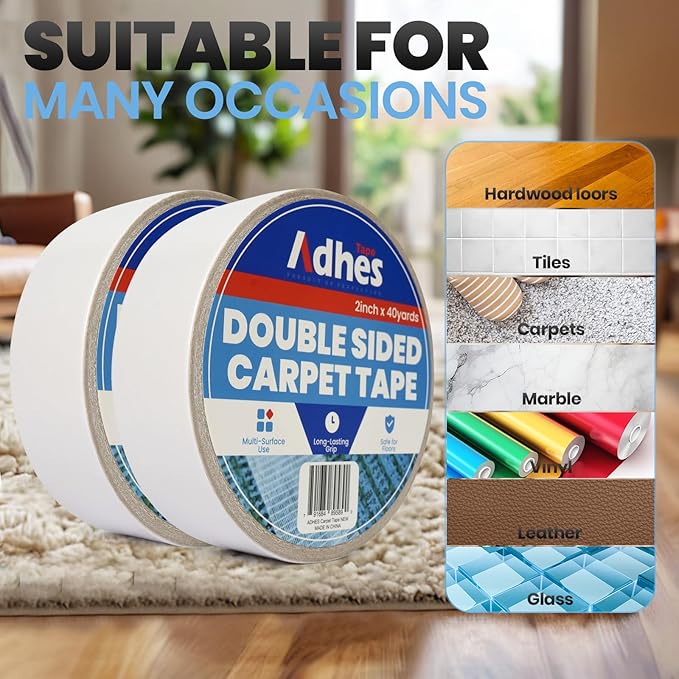 ADHES Double Sided Carpet Tape for Area Rugs – 2 Inch x 30 Yards, Heavy Duty Adhesive, Residue-Free, Rug Tape Gripper for Hardwood Floors, Tile, and Carpeted Surfaces – Easy to Apply
