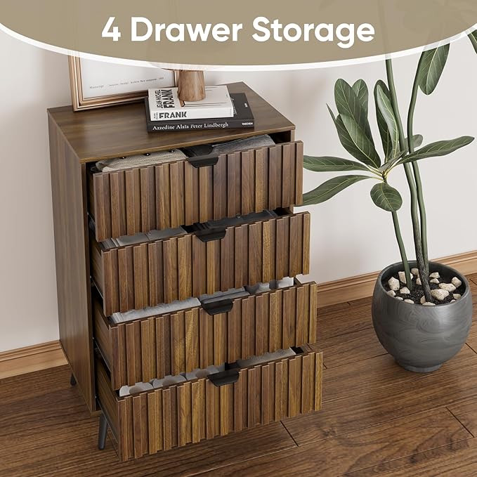 Wanlut Fluted 4 Drawer Dresser for Bedroom, 35.4" Tall Bedroom Dresser with Metal Feet, Wooden Storage Organizer Cabinet Chest of Drawer for Closet, Living Room, Hallway