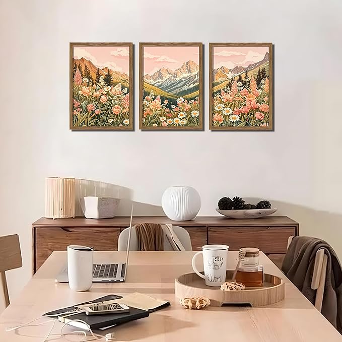 MUWAK Framed Mountain Landscape Canvas Wall Art Set of 3 – Rustic Wildflower and Sunset Nature Prints, Boho Floral Artwork Wall Decor with Wooden Frame for Living Room Bedroom Home Decor – 12x16in