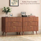 Evermagin 31.5W×29“H Large Fluted Nightstands Set of 2, Mid Century Modern 3 Drawer Night Stand Bedside Table, Small Wood Dresser for Bedroom, End Table with Storage, Walnut