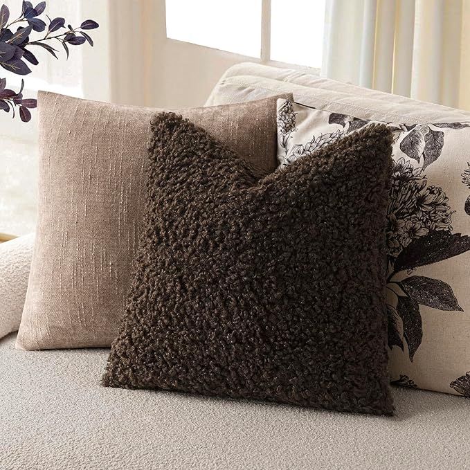 Foindtower 2 Pieces 16x16 Inch Dark Brown, Faux Fur Throw Pillow Cover Accent Sherpa Furry Pillow Covers Fuzzy Soft Pillowcases Cozy Sheepskin Decorative Fleece Cushion Case for Bed Couch Living Room