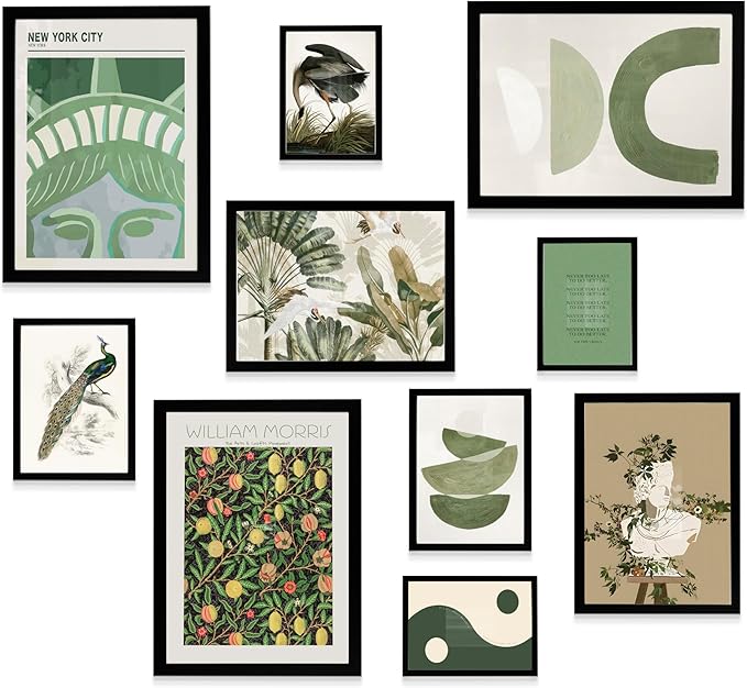 Framed Wall Art Set, Green Botanical Prints, Set of 10 pcs Eclectic Framed Posters for Room Decor, William Morris Wall Art, Aesthetic Nature-Inspired Gallery Wall Decor for Living Room, Bedroom, Kitchen