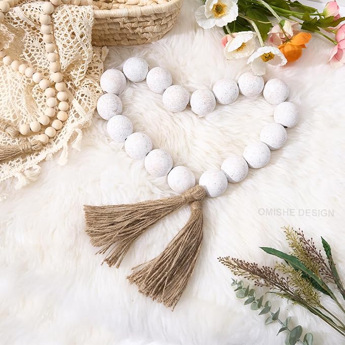 OMISHE Extra Large Wood Bead Garland Rustic White with 1.6" Diameter Wooden Beads and Tassels, 41" Long Rustic Farmhouse Country Decorative Beads for Home Tray Decor, Rustic White
