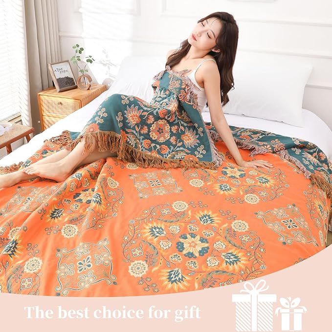 Boho Throw Blanket for Bed - 100% Pure Cotton Ultra Soft Rustic Quilt - Farmhouse Decor Bed Blankets, All Season Rustic Throw for Sofa Couch Chair(91''x 98'', Boho)