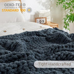 Chunky Knit Blanket Throw, 100% Hand Knit Throw Blanket Handmade Chenille Cable Knit Throw for Couch, Stylish Cozy Soft Rope Knot Crochet Blanket for Home Decor, Blue Mirage, 60x80 Inches