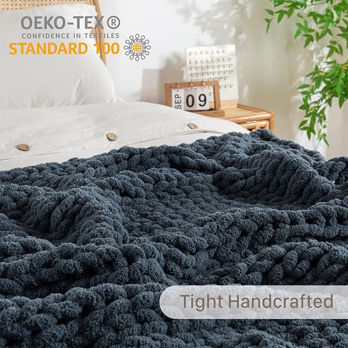 Chunky Knit Blanket Throw, 100% Hand Knit Throw Blanket Handmade Chenille Cable Knit Throw for Couch, Stylish Cozy Soft Rope Knot Crochet Blanket for Home Decor, Blue Mirage, 60x80 Inches