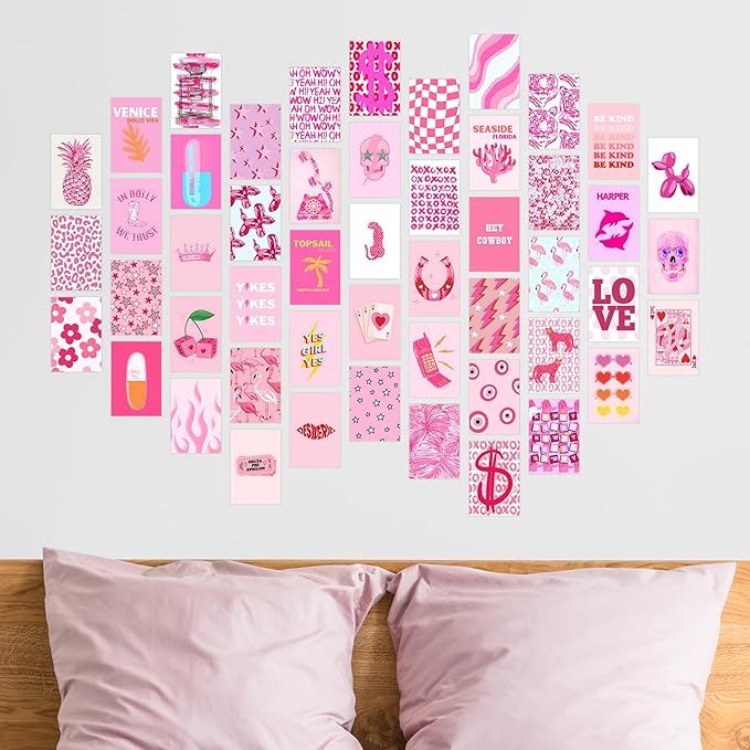 Y2K BOO Preppy Pink Wall Collage Kit - 50 Trendy Aesthetic Photos for Stylish Spaces, Perfect Room Decor, Teens' Photo Collage Kit 4x6, Dorm Wall Art