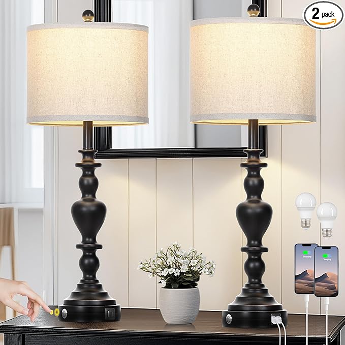 27" Farmhouse Vintage Lamps Set of 2 with USB C+A Charging Ports, Black Rustic Touch Control Table Lamp for Living Room, 3-Way Dimmable Traditional Nightstand Bedside Lamp Linen Washed for Bedroom
