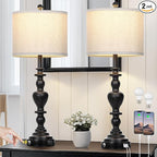 27" Farmhouse Vintage Lamps Set of 2 with USB C+A Charging Ports, Black Rustic Touch Control Table Lamp for Living Room, 3-Way Dimmable Traditional Nightstand Bedside Lamp Linen Washed for Bedroom