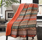 Cozyholy Boho Quilt Twin Size 100% Cotton Quilted Blanket Colorful Bohemian Striped Bedspread Coverlet Reversible Lightweight Stitch Vintage Bed Cover Throw Blanket for Couch Sofa Orange