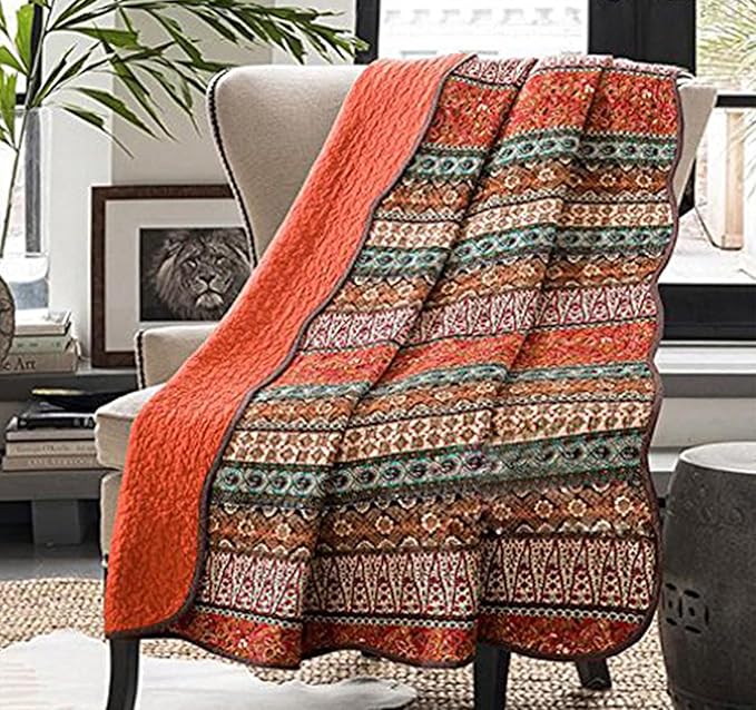 Cozyholy Boho Quilt Twin Size 100% Cotton Quilted Blanket Colorful Bohemian Striped Bedspread Coverlet Reversible Lightweight Stitch Vintage Bed Cover Throw Blanket for Couch Sofa Orange